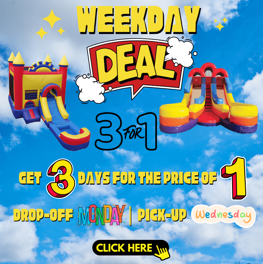 Jumping JS Party Rentalz, Weekday deal: Get 3 days of inflatable rentals for the price of 1. Monday drop-off, Wednesday pickup.