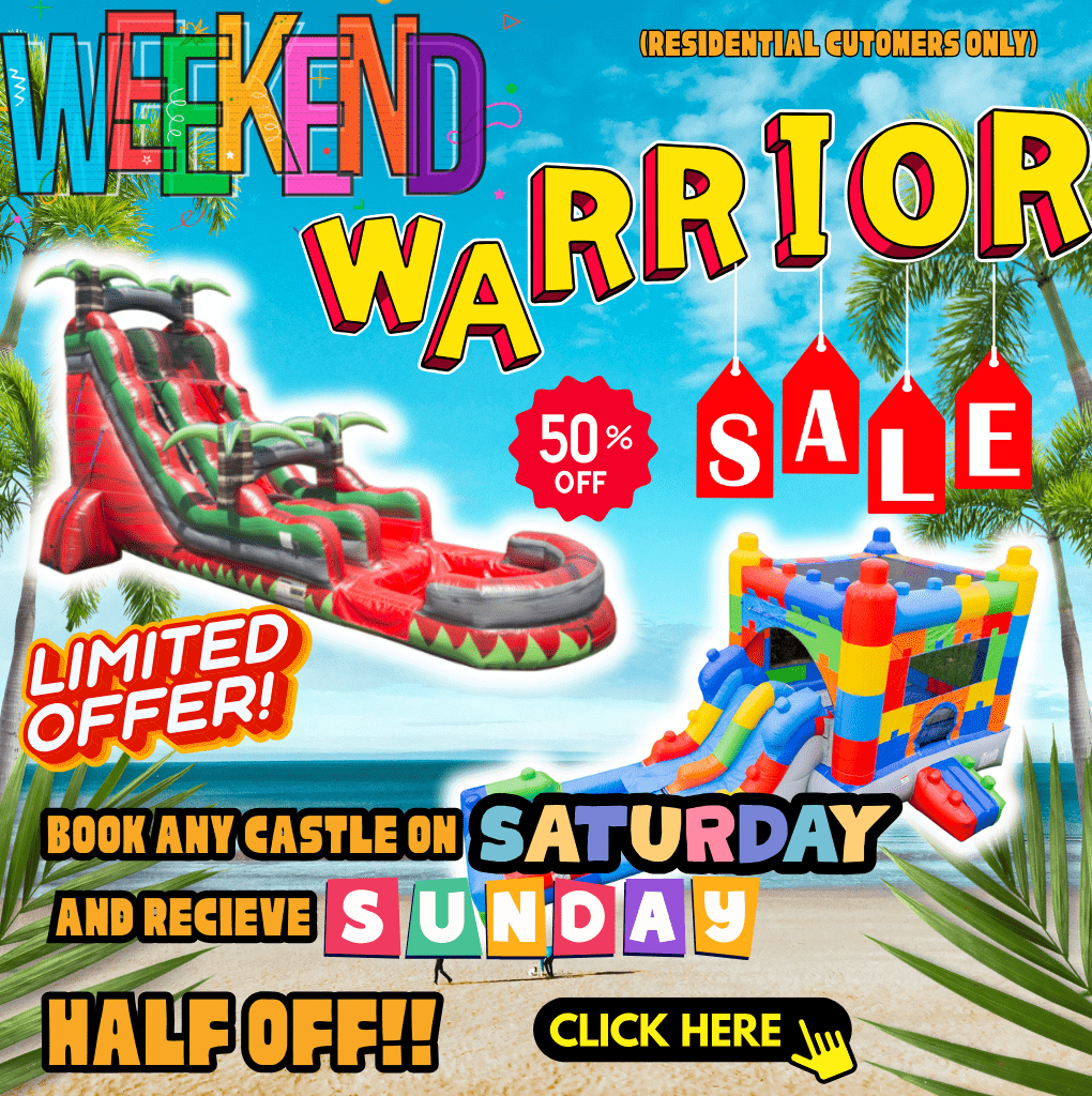 Jumping JS Party Rentalz, Weekend Warrior inflatable rentals sale: 50% off Saturday bookings. Book now!