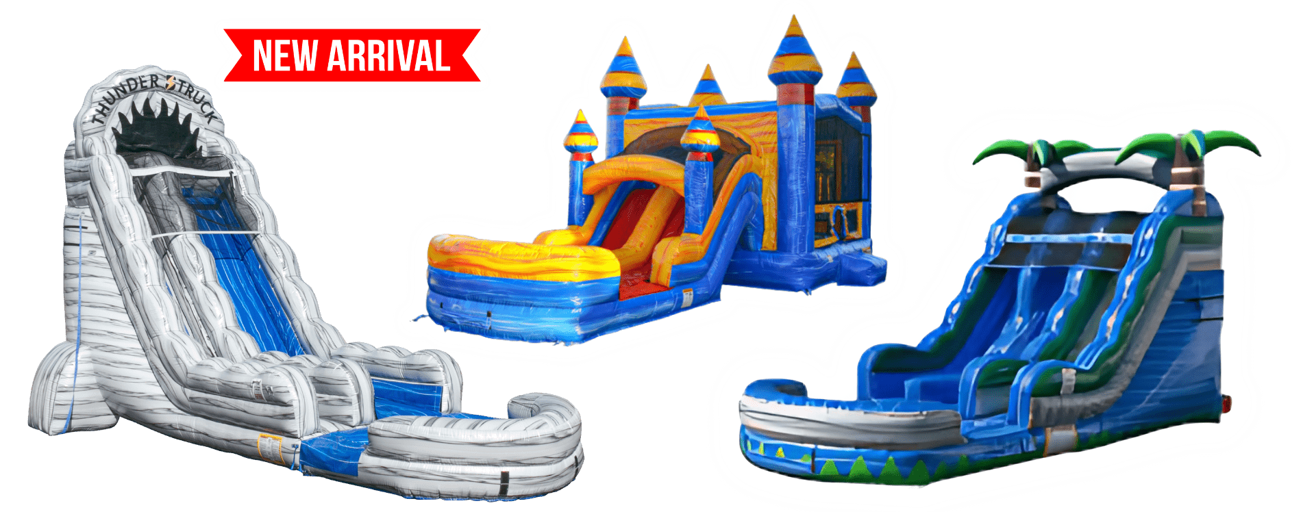 Jumping JS Party Rentalz, New arrival inflatable party rentals: castle bounce house, Thunderstruck slide, and dual water slide.